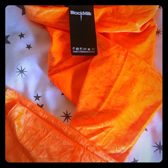 Blackmilk Pants - Black Milk Fluro Orange Crushed Velvet Leggings M